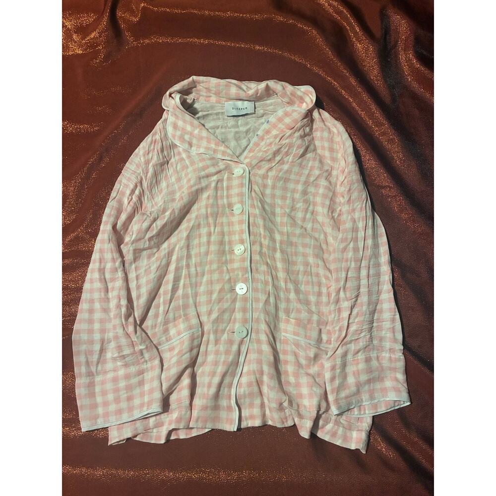 SLEEPER Pajama Top Womens Pink Gingham Long Sleeve Button Front Sleep Shirt